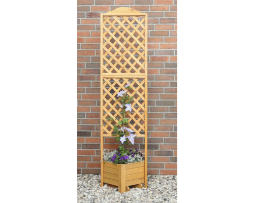 Holz Pflanzkasten mit Rankgitter und blühenden Pflanzen vor einer Backsteinmauer