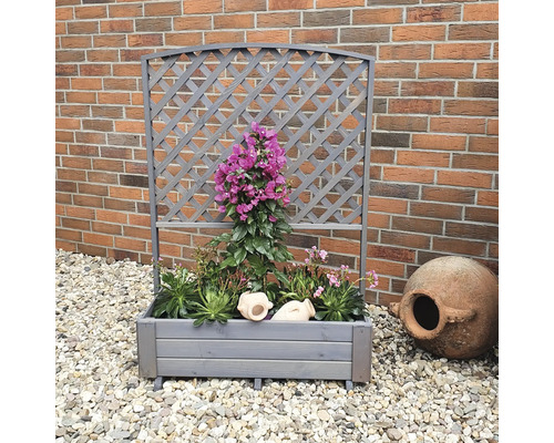 Blumenkasten mit Rankgitter vor einer Backsteinmauer