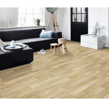 Wohnzimmer mit hellem Holzfußboden, Sofa und Dekorationen für ein helles Ambiente.