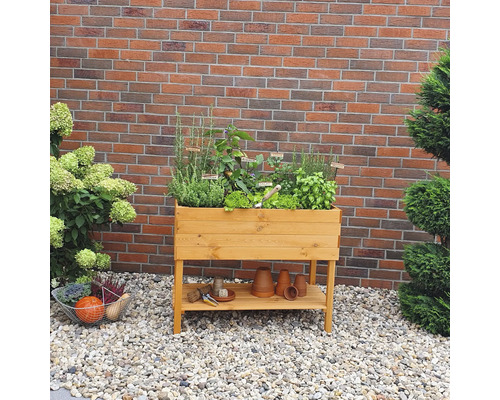 Hochbeet aus Holz mit Kräutern und Gemüse im Garten vor einer Ziegelmauer