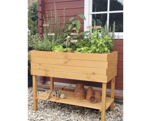 Hochbeet aus Holz mit Kräutern und Gartengeräten
