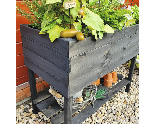 Hochbeet aus Holz mit Pflanzen und Gartenzubehör