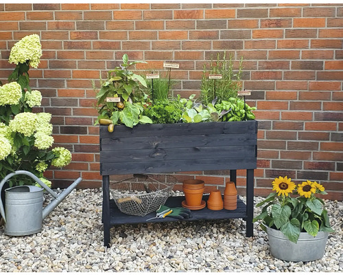 Hochbeet aus Holz mit Kräutern, Gemüse, Werkzeugen und Pflanzen vor einer Backsteinmauer