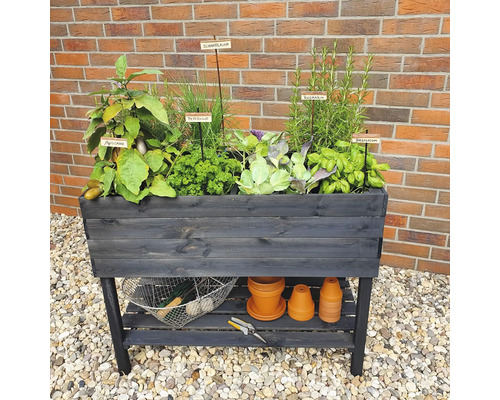 Hochbeet aus Holz mit verschiedenen Kräutern und Pflanzen im Garten