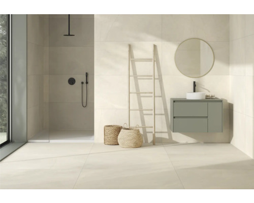 Modernes Badezimmer mit Dusche, Waschtisch, Spiegel und Dekoleiter