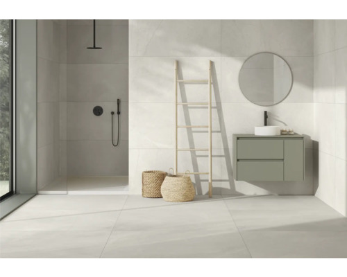 Modernes Badezimmer mit Dusche, Waschtisch, Spiegel und Dekoleiter