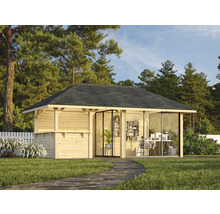 Holzgartenhaus mit Glasfront und dunklem Dach in Gartenumgebung