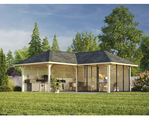 Große Gartenlaube mit Grillplatz und Sitzbereich im Garten