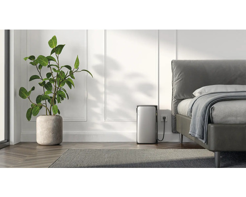 Schlafzimmer mit Bett, Zimmerpflanze und Luftreiniger