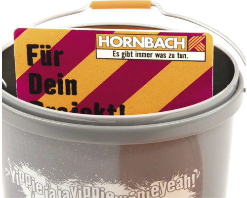 Grauer Eimer mit Metallbügel und Hornbach Werbekarte