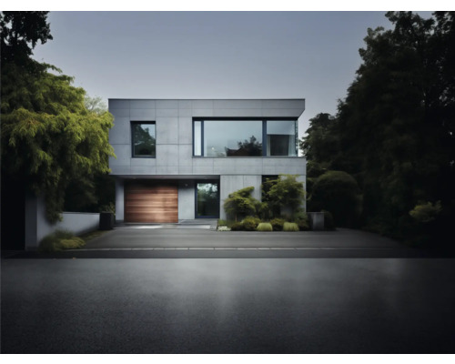 Modernes Wohnhaus mit Flachdach, Garage und gepflegtem Garten.