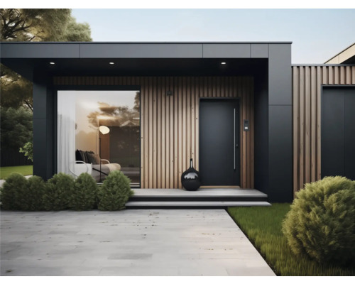 Modernes Haus mit Eingangstür, Holzverkleidung und Fensterfront