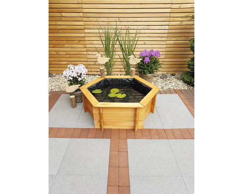 Holzteich mit Wasserpflanzen und Dekoration im Garten