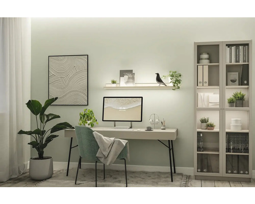 Helles Arbeitszimmer mit Schreibtisch, Stuhl, Bücherregal und Zimmerpflanzen für eine organisierte und freundliche Atmosphäre