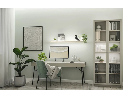 Ein Arbeitszimmer mit einem Schreibtisch, einem Stuhl, einem Bücherregal und Dekorationsartikeln.