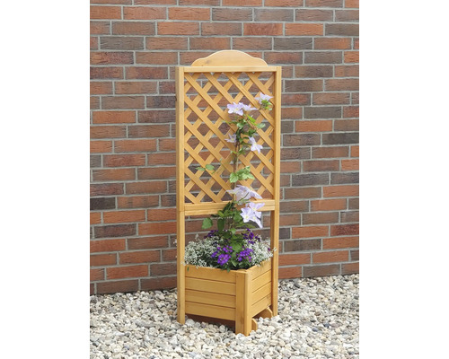 Holz-Rankkasten mit Rankgitter und blühenden Pflanzen vor einer Backsteinmauer