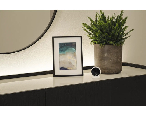 Innenraum mit Überwachungskamera, gerahmtem Bild und Zimmerpflanze auf einer Kommode