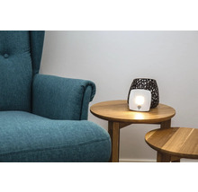 Wohnzimmer mit Sessel und Tageslichtlampe auf einem Beistelltisch