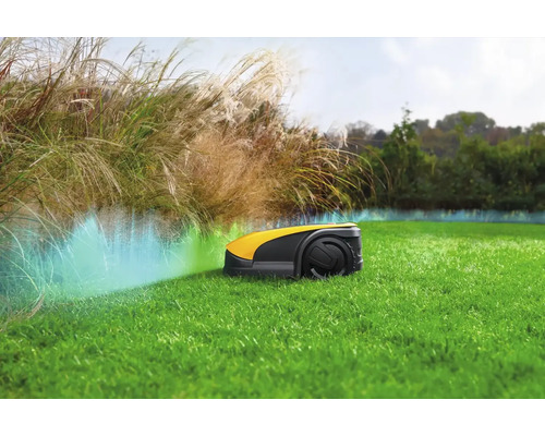 Rasenmähroboter im Einsatz auf einer Rasenfläche in einem Garten.