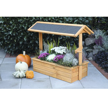 Blumenkasten aus Holz mit Dach und verschiedenen Kürbissen