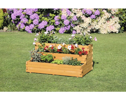 Pflanzkastentreppe „Volterra“ aus Holz mit Pflanzfolie 99,5 x 59,5 x 48 cm braun Holz Pflanztrog mit drei Ebenen und verschiedenen Pflanzen im Garten