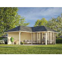 Holzpavillon mit Grillplatz, Sitzmöbeln und Schiebetüren im Garten