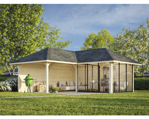 Holzpavillon mit Grill, Brennholz und Gartenmöbeln im Außenbereich.