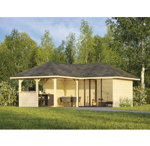 Holzpavillon mit Grillbereich, Esstisch und Gitarre im Garten.