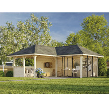 Holzpavillon mit Dach, Sitzbereich und Dartscheibe im Garten