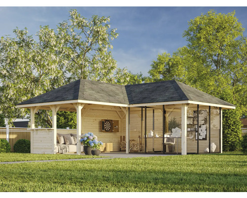 Holzpavillon mit Dach, Sitzbereich und Dartscheibe im Garten