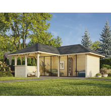 Holzpavillon mit Glaswänden und überdachter Terrasse im Garten