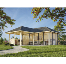 Gartenhaus mit Glasfront, Holzrahmen und grauen Dachziegeln im Außenbereich