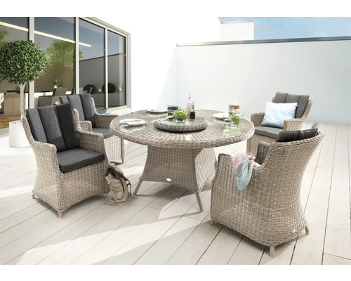 Gartenmöbelset Destiny Luna 4-Sitzer 5 tlg. naturbelassen mit Polyratten-Glastisch, Gartensessel aus Polyrattan, inkl. Auflagen Gartenmöbelset Destiny Luna 4-Sitzer 5 tlg. naturbelassen mit Polyratten-Glastisch, Gartensessel aus Polyrattan, inkl. Auflagen
