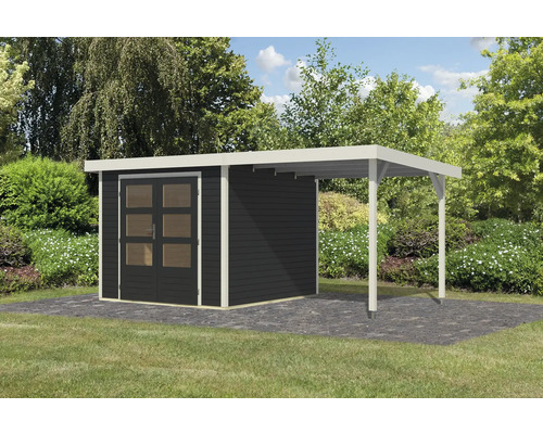 Holzgartenhaus mit Doppeltür und Carport im Garten