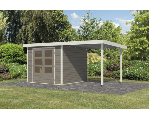 Holzgartenhaus mit Carport auf Rasenfläche