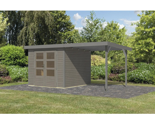 Holzgartenhaus mit Doppeltür und Carport-Anbau im Garten.