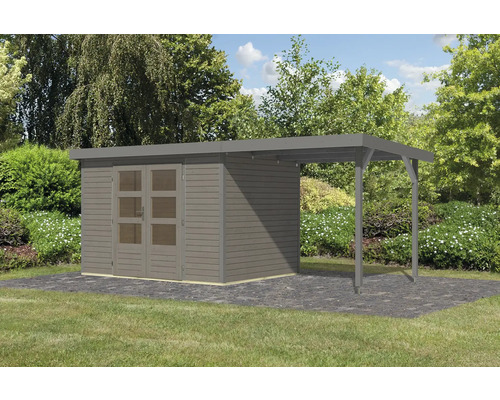 Holzgartenhaus mit Anbau auf Pflastersteinen