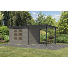 Gartenhaus Karibu Metalwood 5D Blech anthrazit inkl. Anbaudach 2,35 m 541,5 x 266,5 cm wassergrau