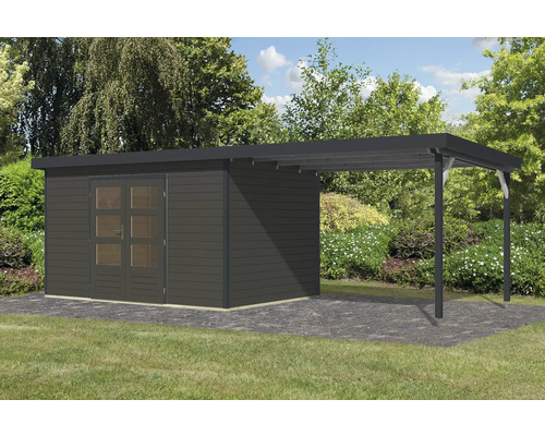 Gartenhaus mit Carport und Doppeltür im Garten.