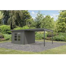 Gartenhaus mit Anbau auf gepflasterter Fläche