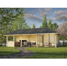 Holzgartenhaus mit Grillplatz, Esstisch und Sitzecke im Garten.