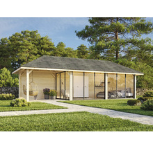 Gartenhaus mit Glasfront, Hängesessel und begrüntem Aussenbereich