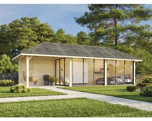 Gartenhaus mit Glasfront, Hängesessel und begrüntem Aussenbereich