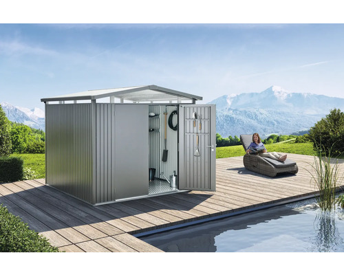 Gartenhaus biohort Panorama P4 mit Doppeltür, Regal und Dachrinne 273 x 278 cm quarzgrau-metallic Gartenhaus biohort Panorama P4 mit Doppeltür, Regal und Dachrinne 273 x 278 cm quarzgrau-metallic