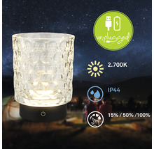 Dekorative Tischleuchte mit klarem Glas, kabellosem Betrieb und Touchdimmer-Funktion.