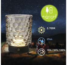Dekorative Tischleuchte mit USB-Ladefunktion, warmweißem Licht (2700K) und Touch-Dimmer, geeignet für den Außenbereich (IP44).