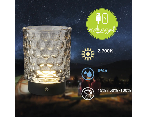 Dekorative Tischleuchte mit USB-Ladefunktion, warmweißem Licht (2700K) und Touch-Dimmer, geeignet für den Außenbereich (IP44).