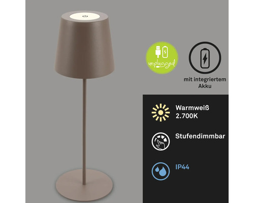 Tischleuchte mit integriertem Akku, warmweißem Licht, Dimmfunktion und Schutzart IP44