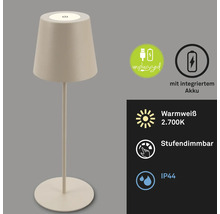 Beige Tischleuchte mit Akku, stufenlos dimmbar und Schutzart IP44