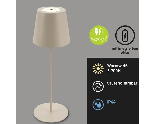 Beige Tischleuchte mit Akku, stufenlos dimmbar und Schutzart IP44